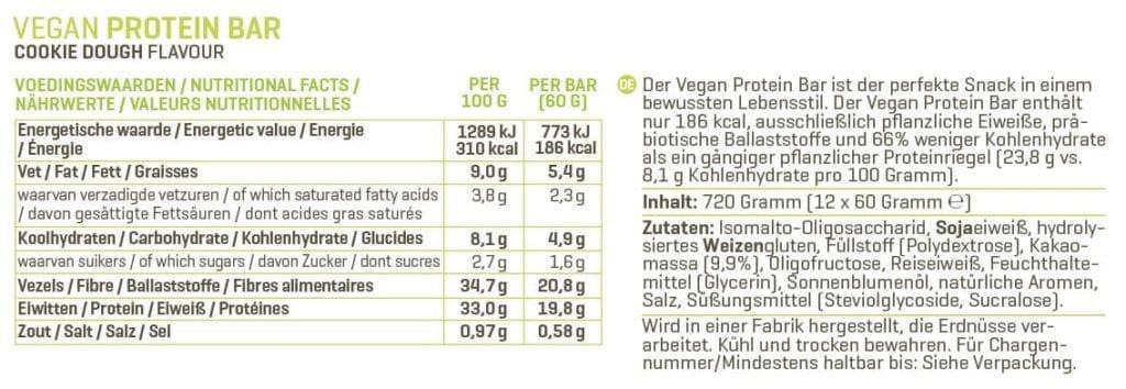 veganproteinbar Body & Fit Vegan Protein Bar Test der Nährwerte