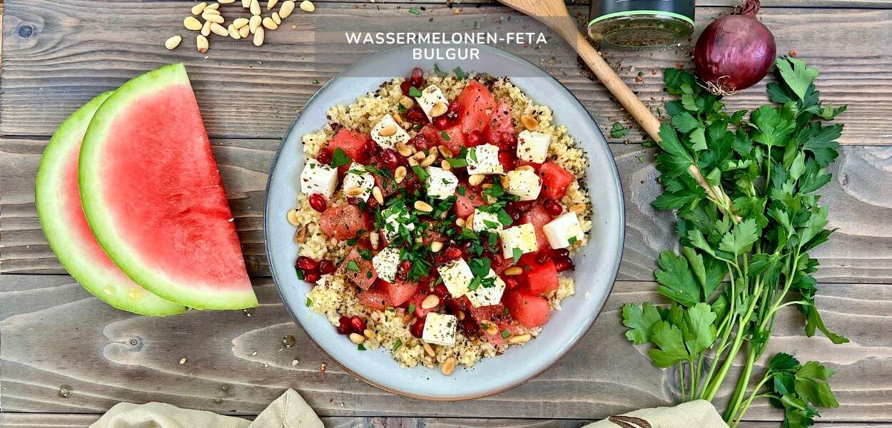 Wassermelonen Feta Bulgur mit Pinienkernen