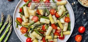 Einfacher Spargelsalat mit Tomaten und Pinienkerne
