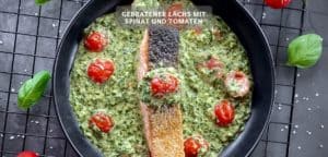 Gebratenes Lachsrezept mit Tomaten und Spinat