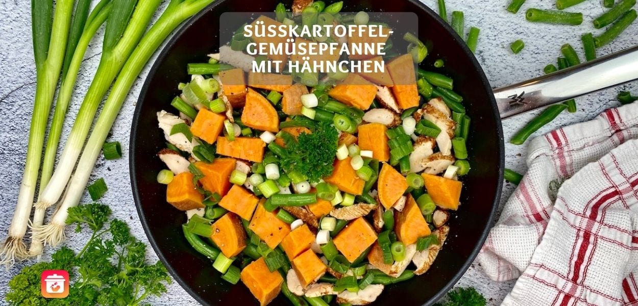 Süßkartoffel-Gemüsepfanne mit Hähnchen – Gesunde Süßkartoffel-Pfanne