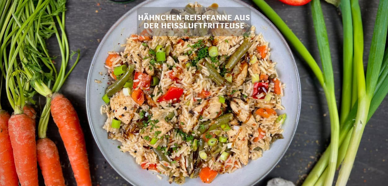Haehnchen Reispfanne aus der Heissluftfritteuse Rezept Hähnchen-Reispfanne aus der Heißluftfritteuse