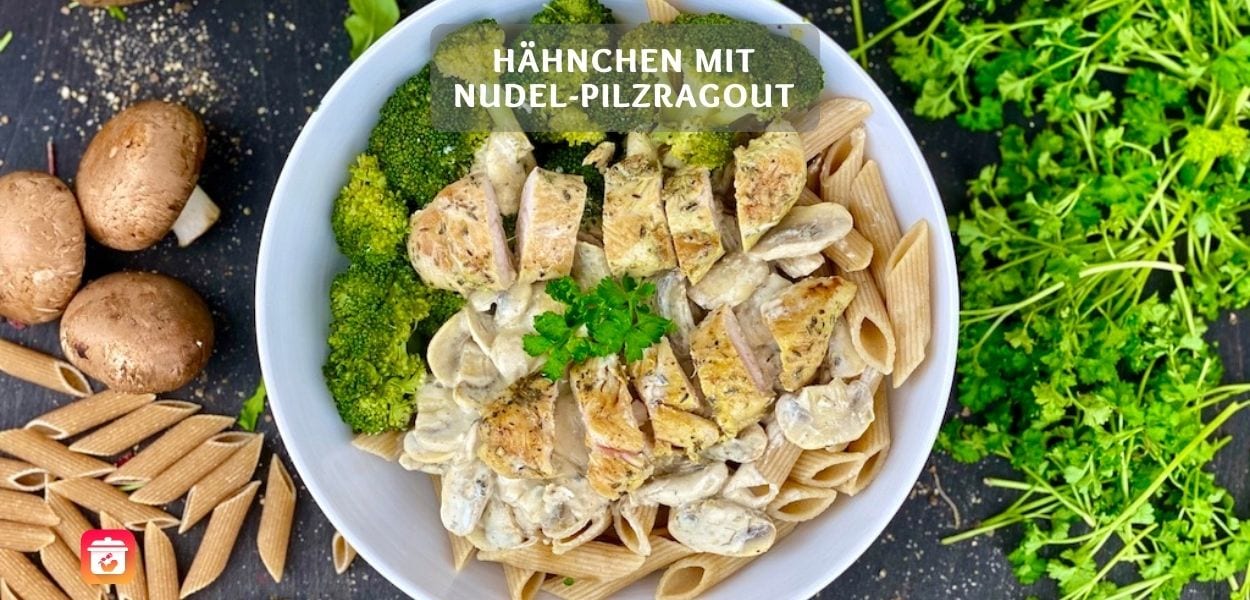 Gesundes Nudel-Pilz-Ragout mit Brokkoli und Hähnchen