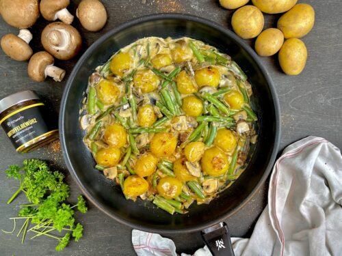Kartoffel-Pilz-Pfanne mit grünen Bohnen