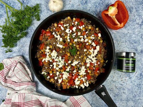 Kichererbsen-Hackfleisch-Pfanne mit Feta