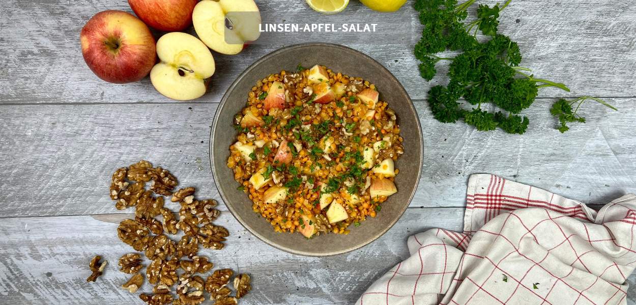 Linsen Apfel Salat mit Wallnuessen Linsen-Apfel-Salat