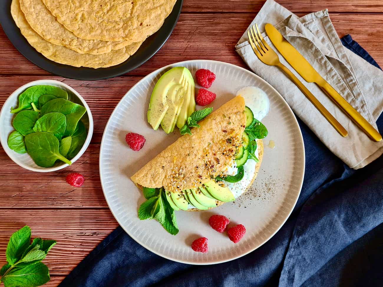 Linsenpfannkuchen mit Limetten Minz Sauce Linsenpfannkuchen mit Limetten-Minz-Sauce