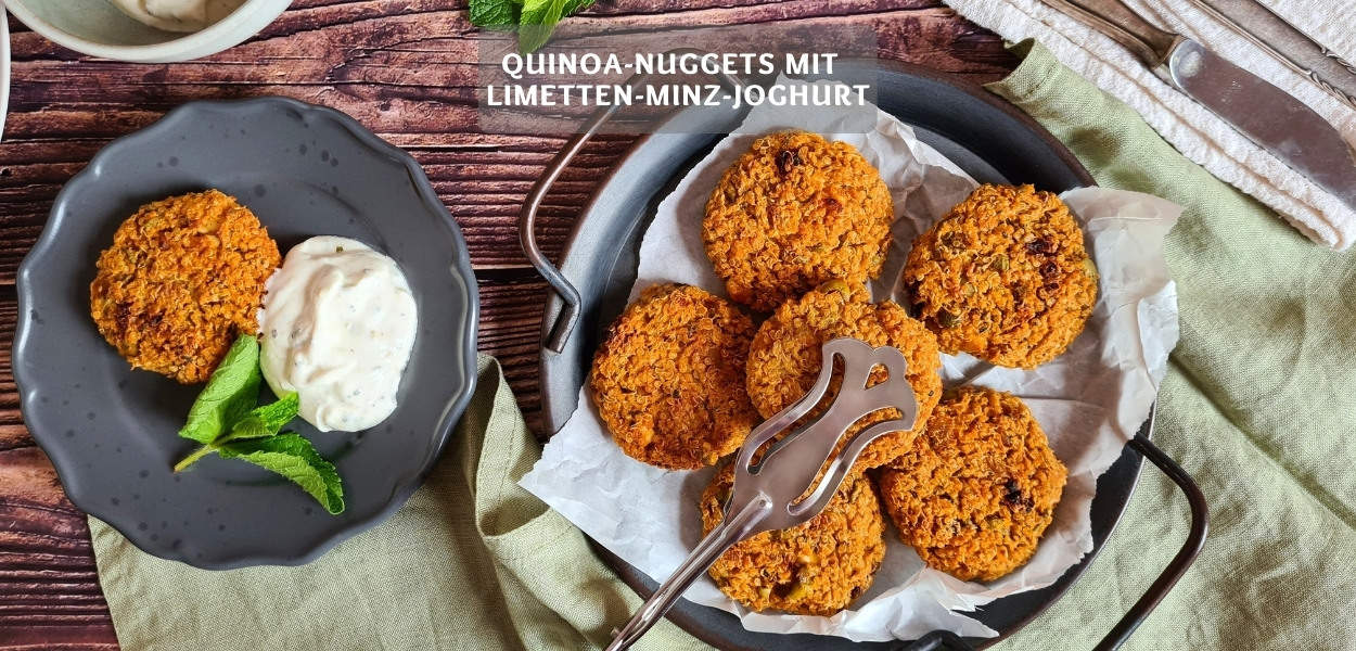 Quinoa Nuggets mit Limetten Minz Dip Quinoa-Nuggets mit Oliven und Limetten-Minz-Joghurt