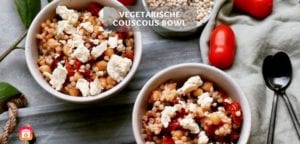 Riesen Couscous mit Tomaten, Schafskäse und Oliven