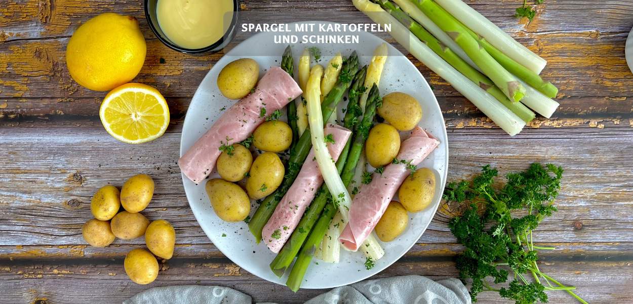 Spargel mit Kartoffeln und Schinken
